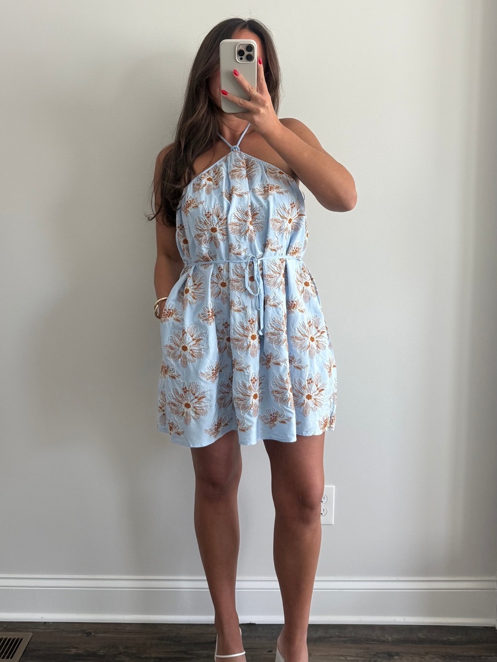 TCEC Light Blue Halter Mini Dress with Beige Floral Print